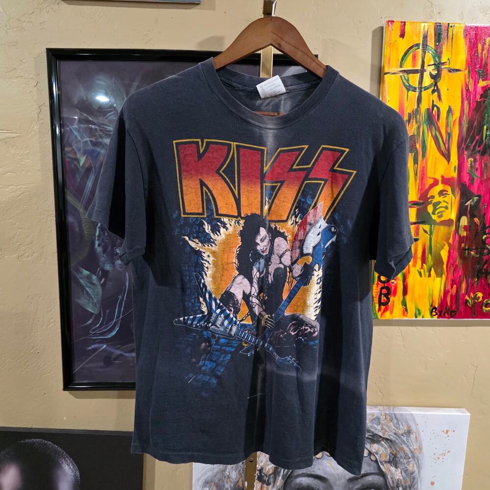 Vintage 1985 Kiss Double Sided Sun Faded Grunge Ringer Rock Band Tee Size L